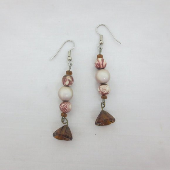 Pink Brown Lustrous White Floral Dangle Earrings - Picture 3 of 6